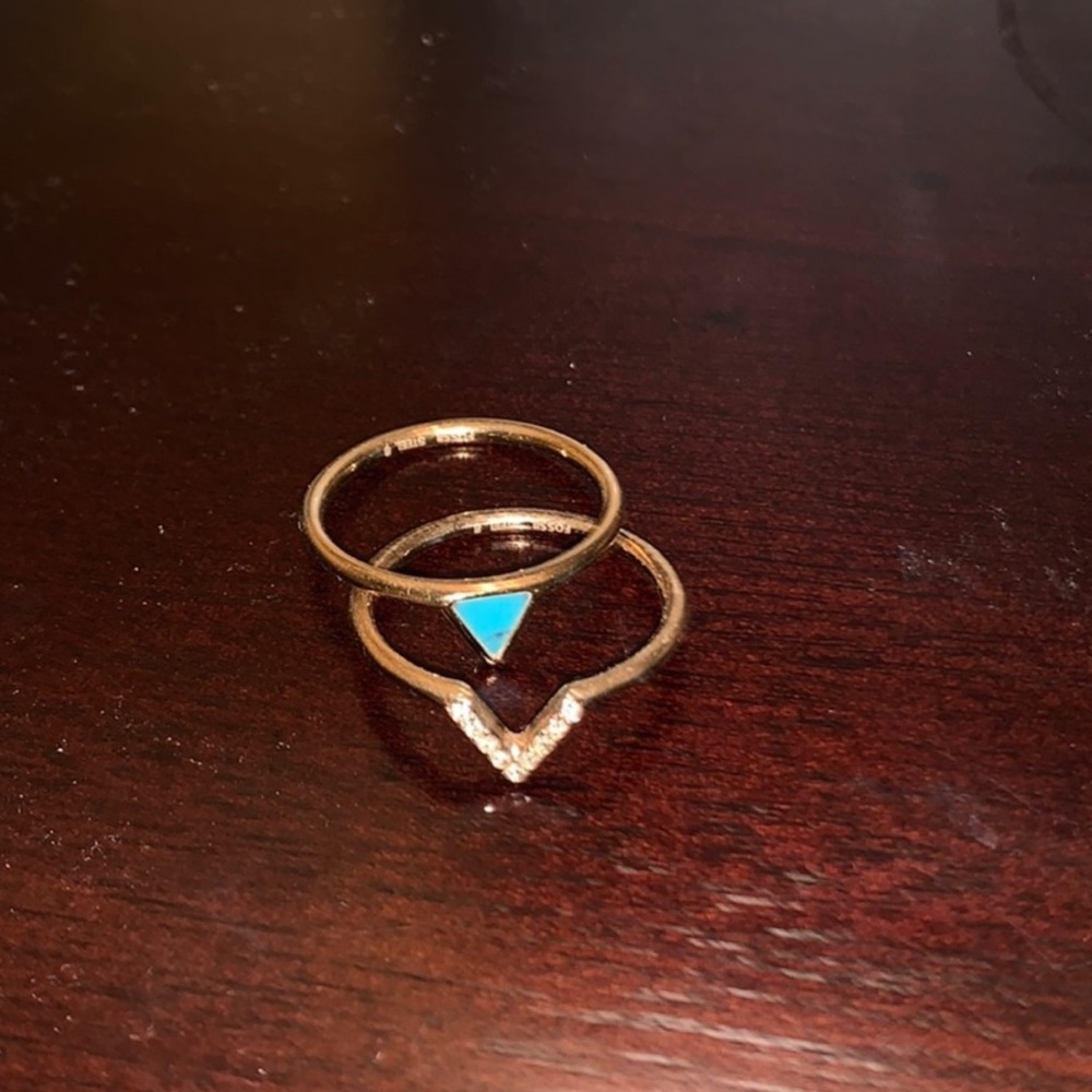 Fossil triangle turquoise double ring